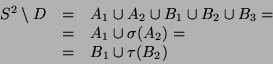 \begin{displaymath}
\begin{array}{lll}
S^2 \setminus D &=& A_1 \cup A_2 \cup B_1...
... A_1 \cup \sigma(A_2) = \\
&=& B_1 \cup \tau(B_2)
\end{array}\end{displaymath}