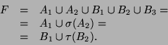 \begin{displaymath}
\begin{array}{lll}
F &=& A_1 \cup A_2 \cup B_1 \cup B_2 \cup...
...A_1 \cup \sigma(A_2) = \\
&=& B_1 \cup \tau(B_2).
\end{array}\end{displaymath}