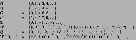\begin{displaymath}
\begin{array}{lll}
{\mathbb{N}}& = & \{0,1,2,3,4,\ldots\} \\...
...,10,11,000,001,010,011,
100,101,110,111, \ldots\}.
\end{array}\end{displaymath}